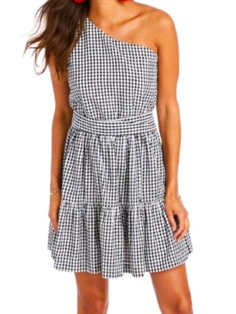 NWT Vineyard Vines Gingham Seersucker One Shoulder Dress Size US 12 $158 [jb]